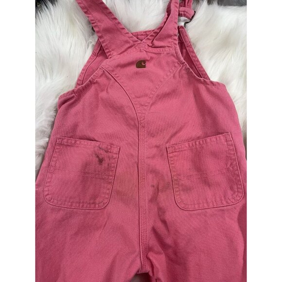 Carhartt Girls' Loose Fit Canvas Bib Overalls Solid Pink Lemonade Size 4T Stains - Picture 6 of 8